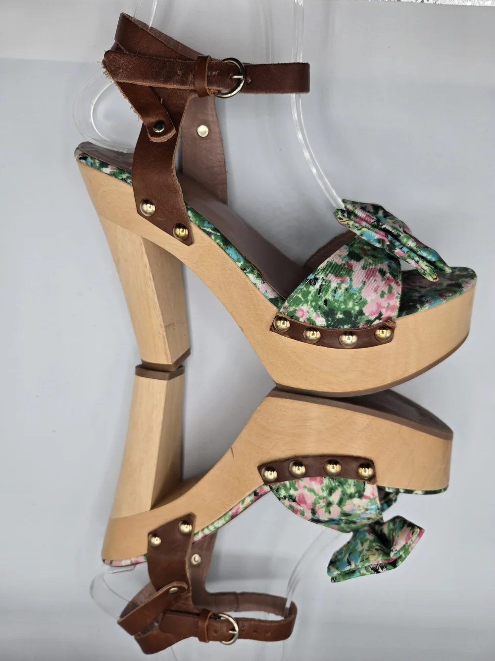 RED Valentino Meadow Print Platform Sandals Size 37.5 Floral Bow Wood Heel